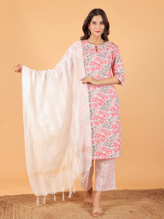 Soft Cotton Floral Straight Pink Kurta