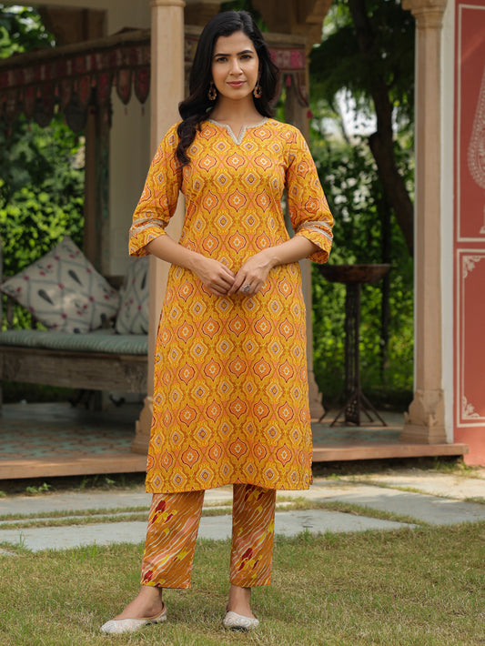 Soft Cotton Geometric Straight Yellow Kurta