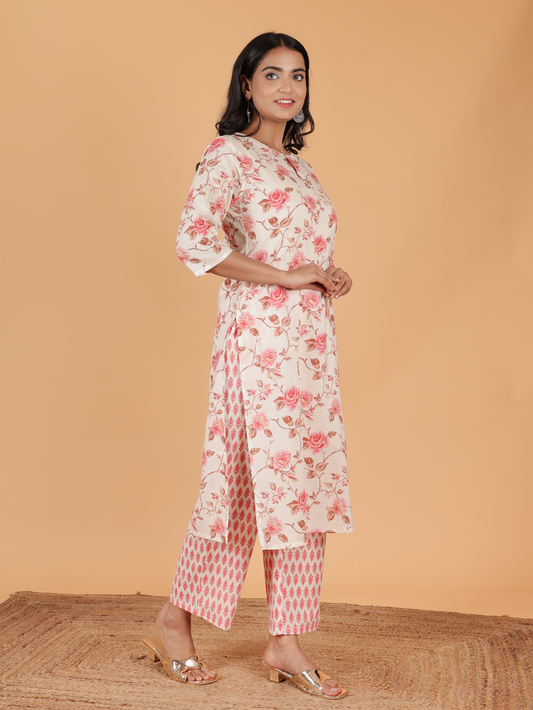 Soft Cotton Floral Straight Cream Kurta