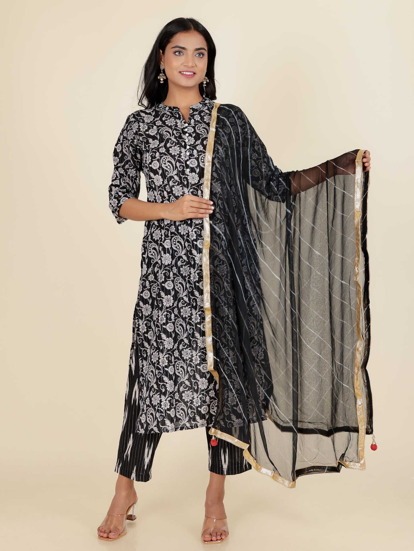Voile Cotton Floral Black Dupatta
