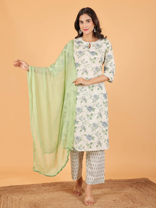 Soft Cotton Floral Straight Off-White Kurta