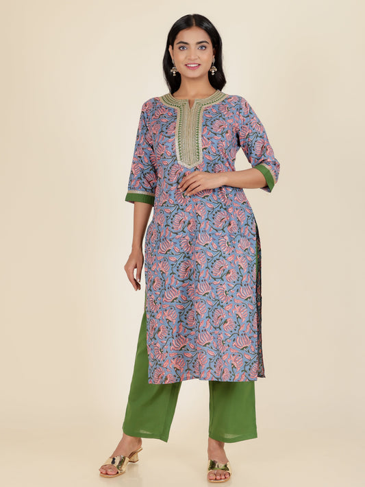 Soft Cotton Floral Straight Blue Kurta