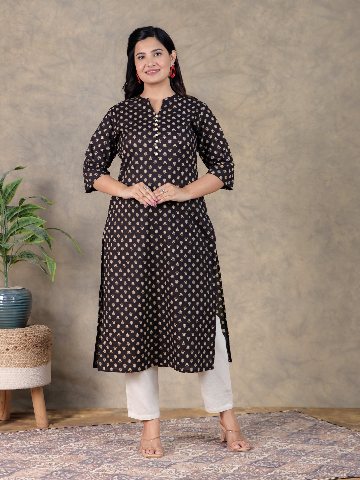 Soft Cotton Butti Straight Black Kurta