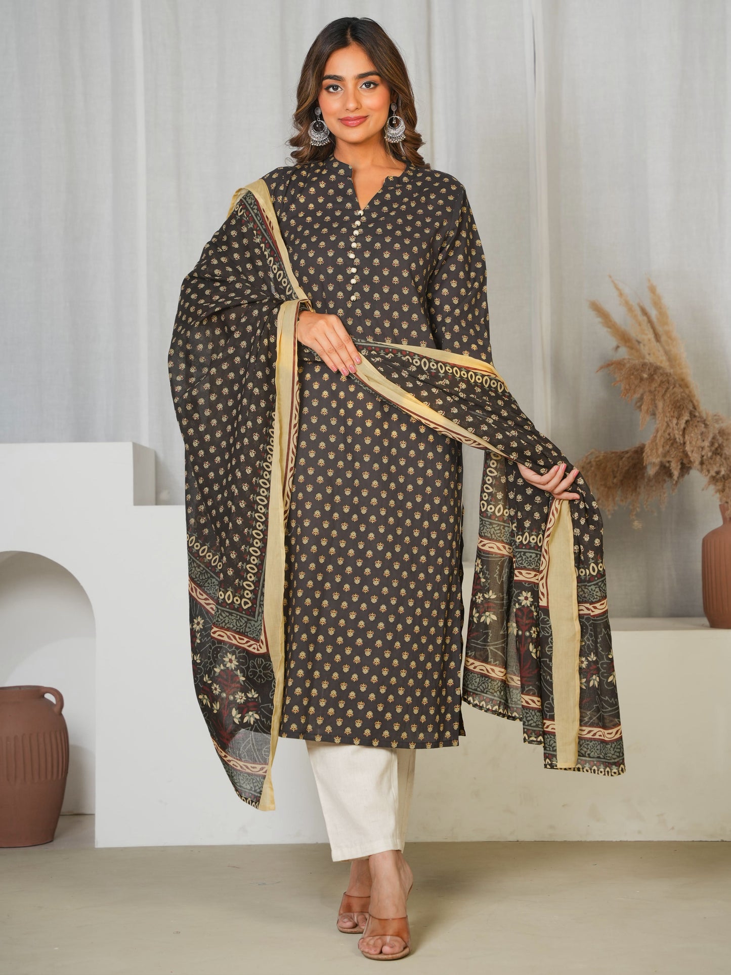 Soft Cotton Butti Straight Black Kurta