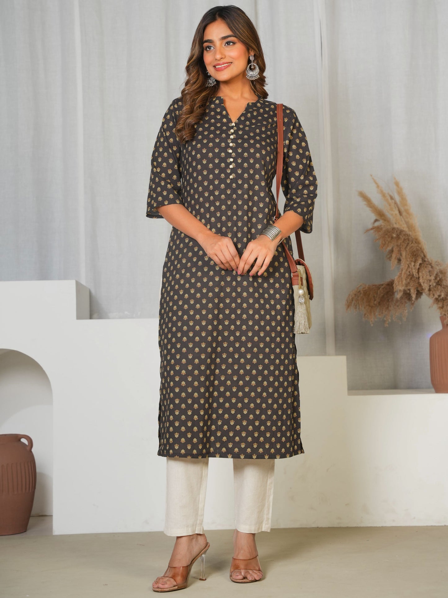 Soft Cotton Butti Straight Black Kurta