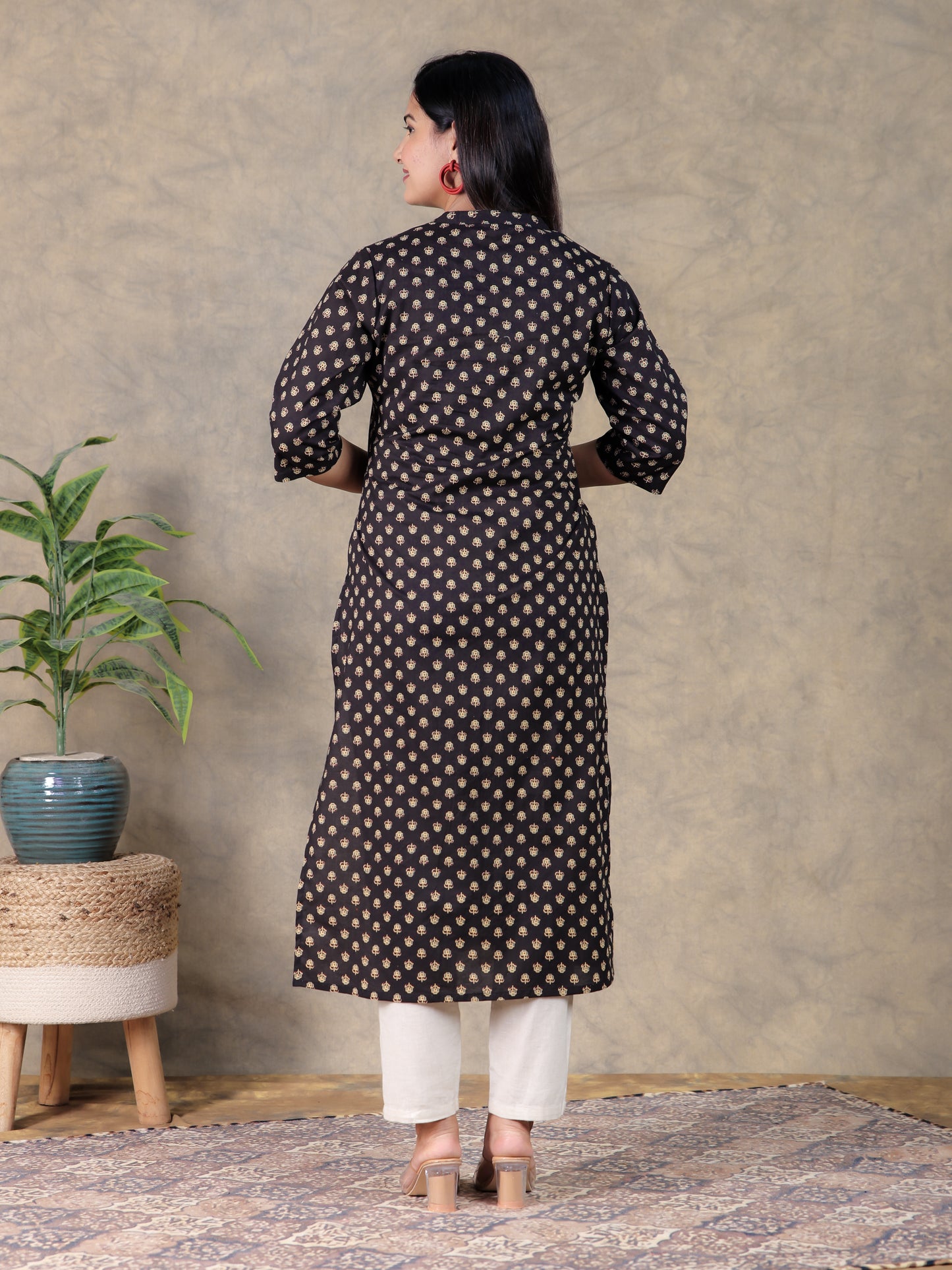 Soft Cotton Butti Straight Black Kurta
