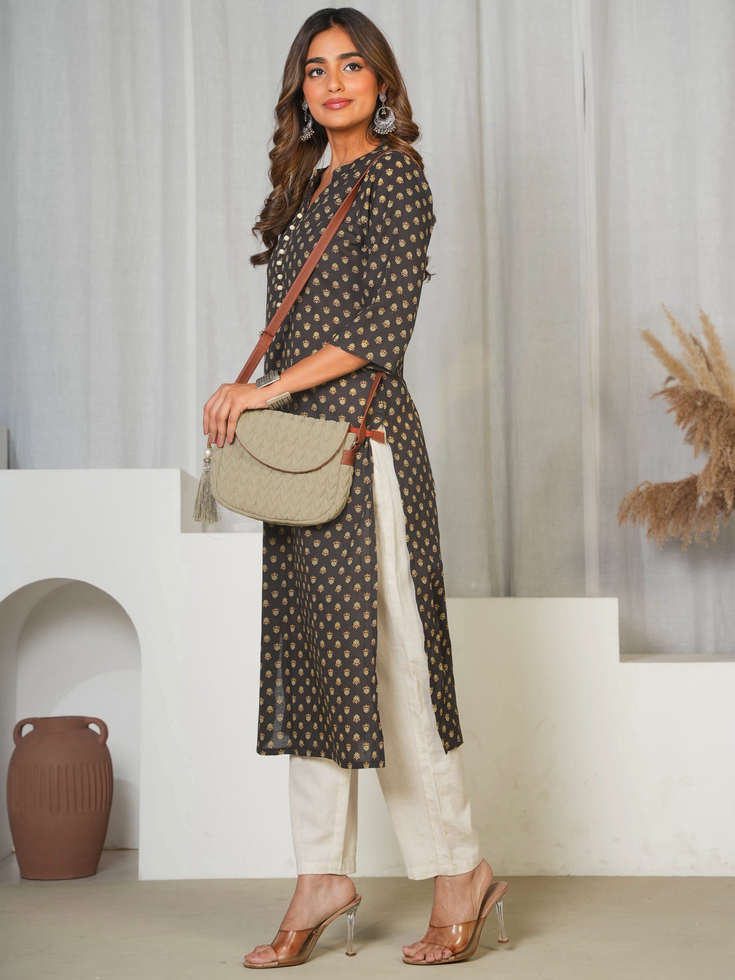 Soft Cotton Butti Straight Black Kurta
