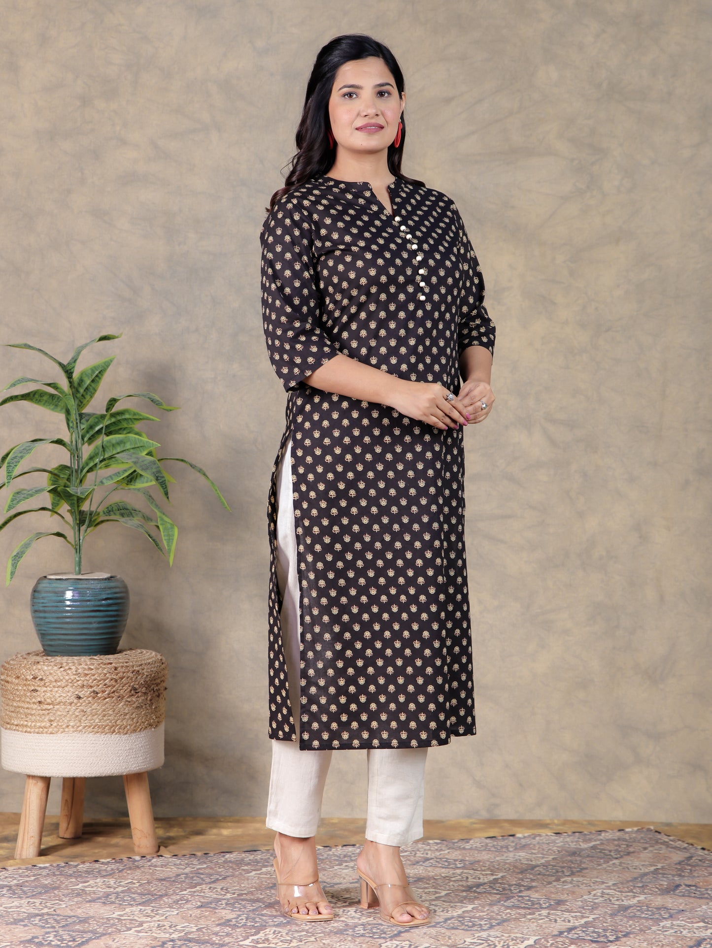 Soft Cotton Butti Straight Black Kurta
