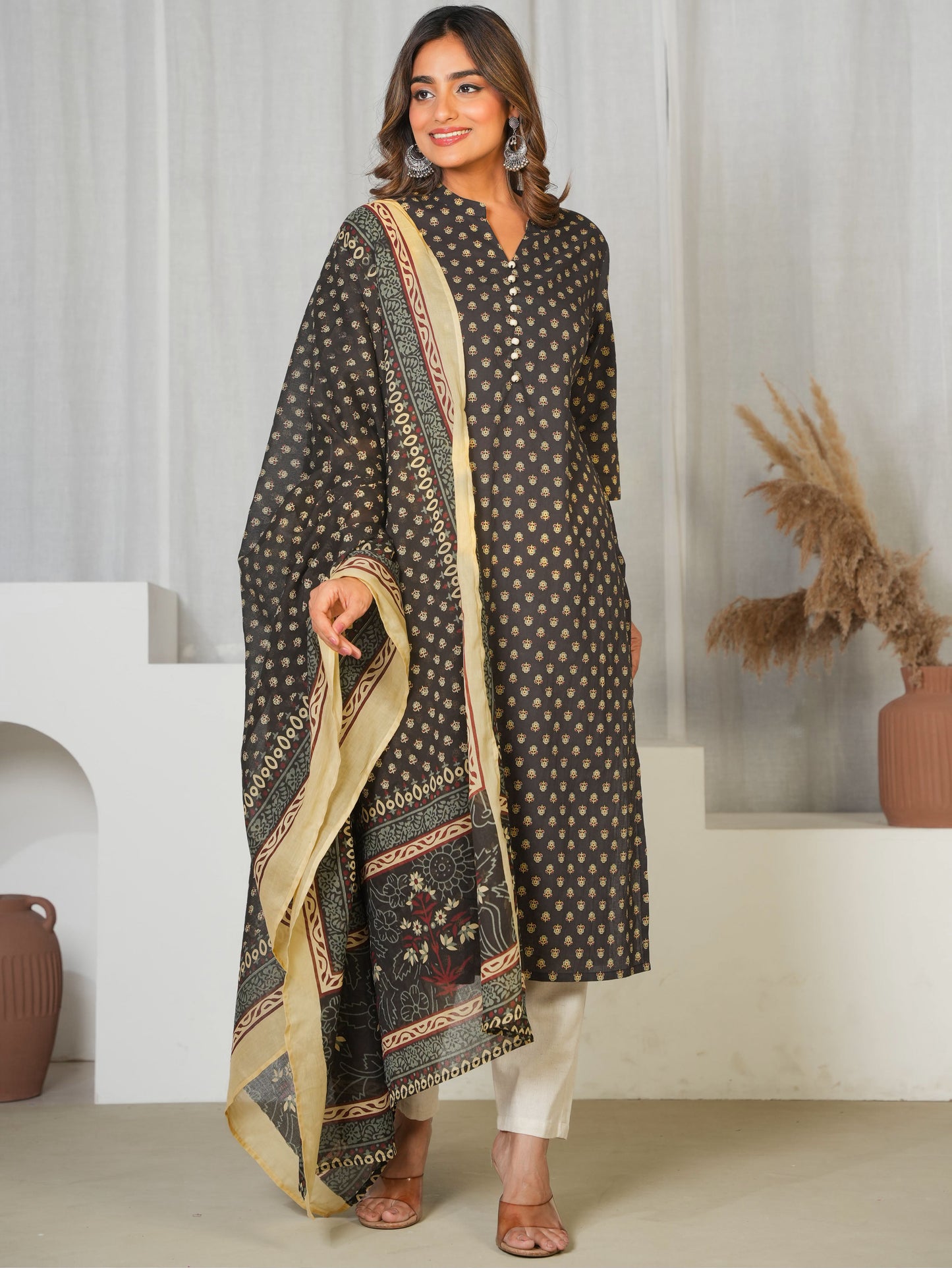 Soft Cotton Butti Straight Black Kurta