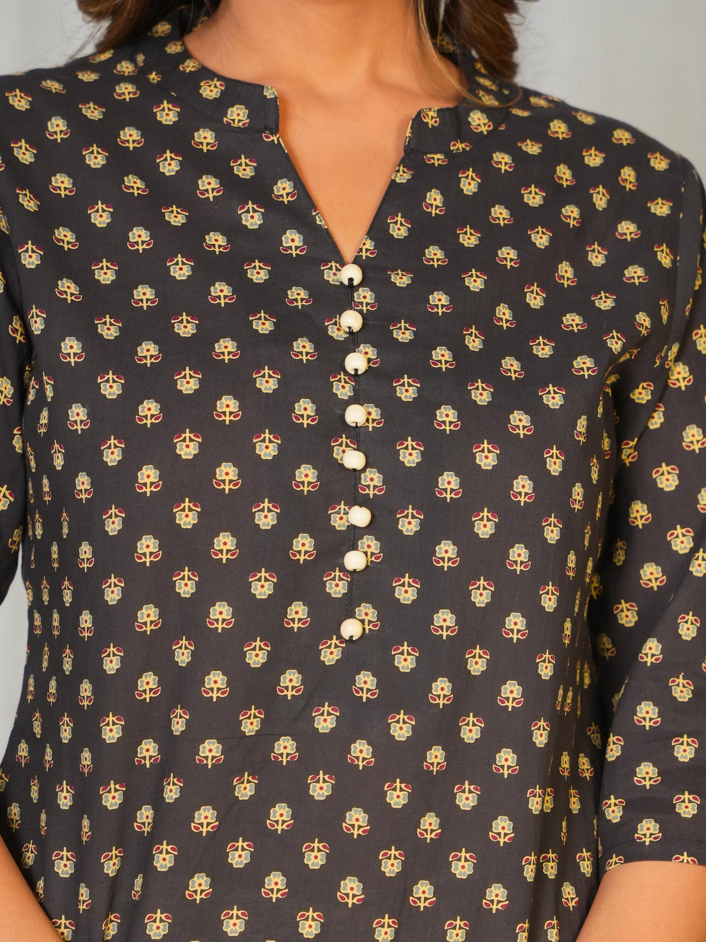 Soft Cotton Butti Straight Black Kurta