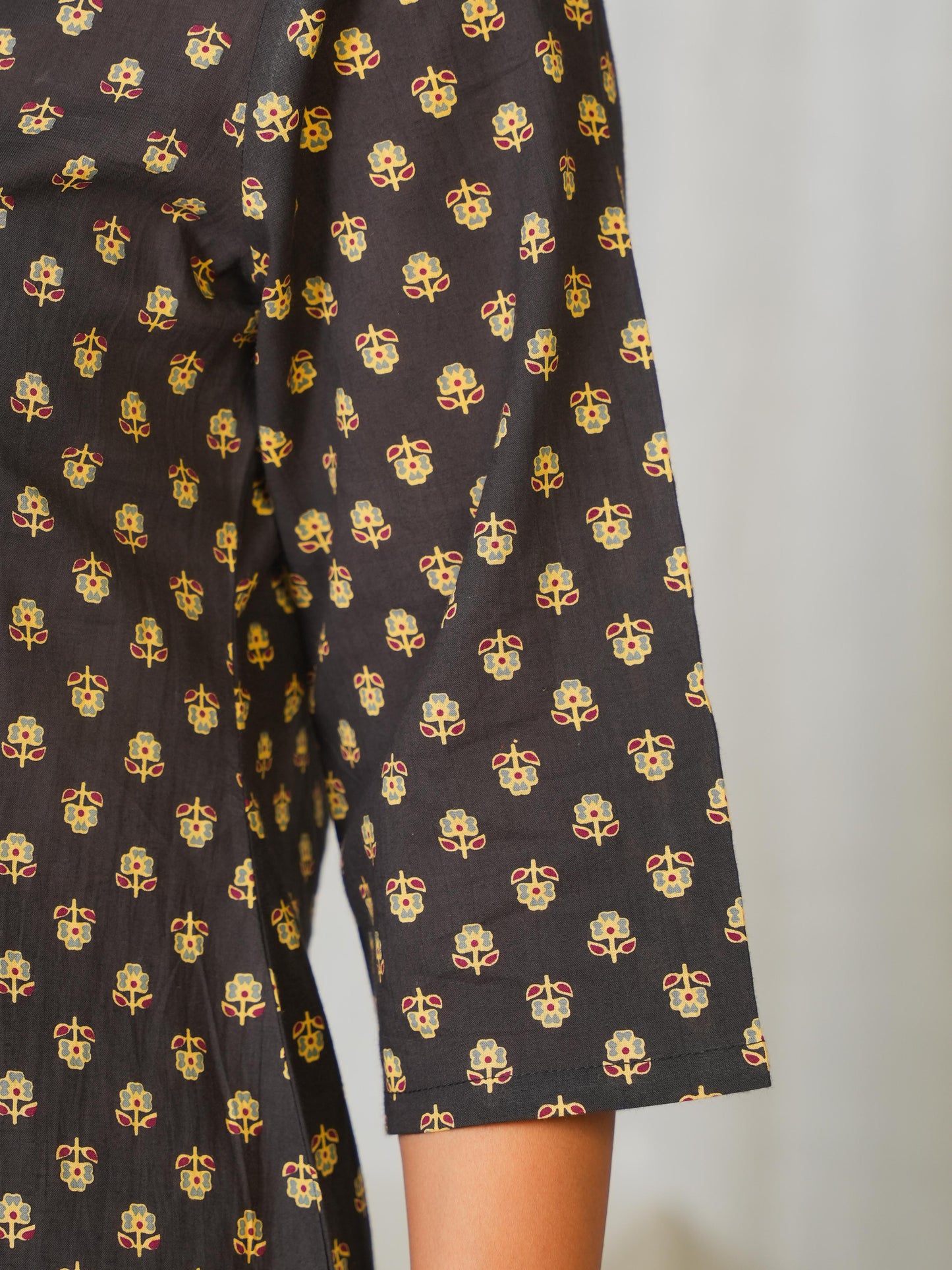 Soft Cotton Butti Straight Black Kurta