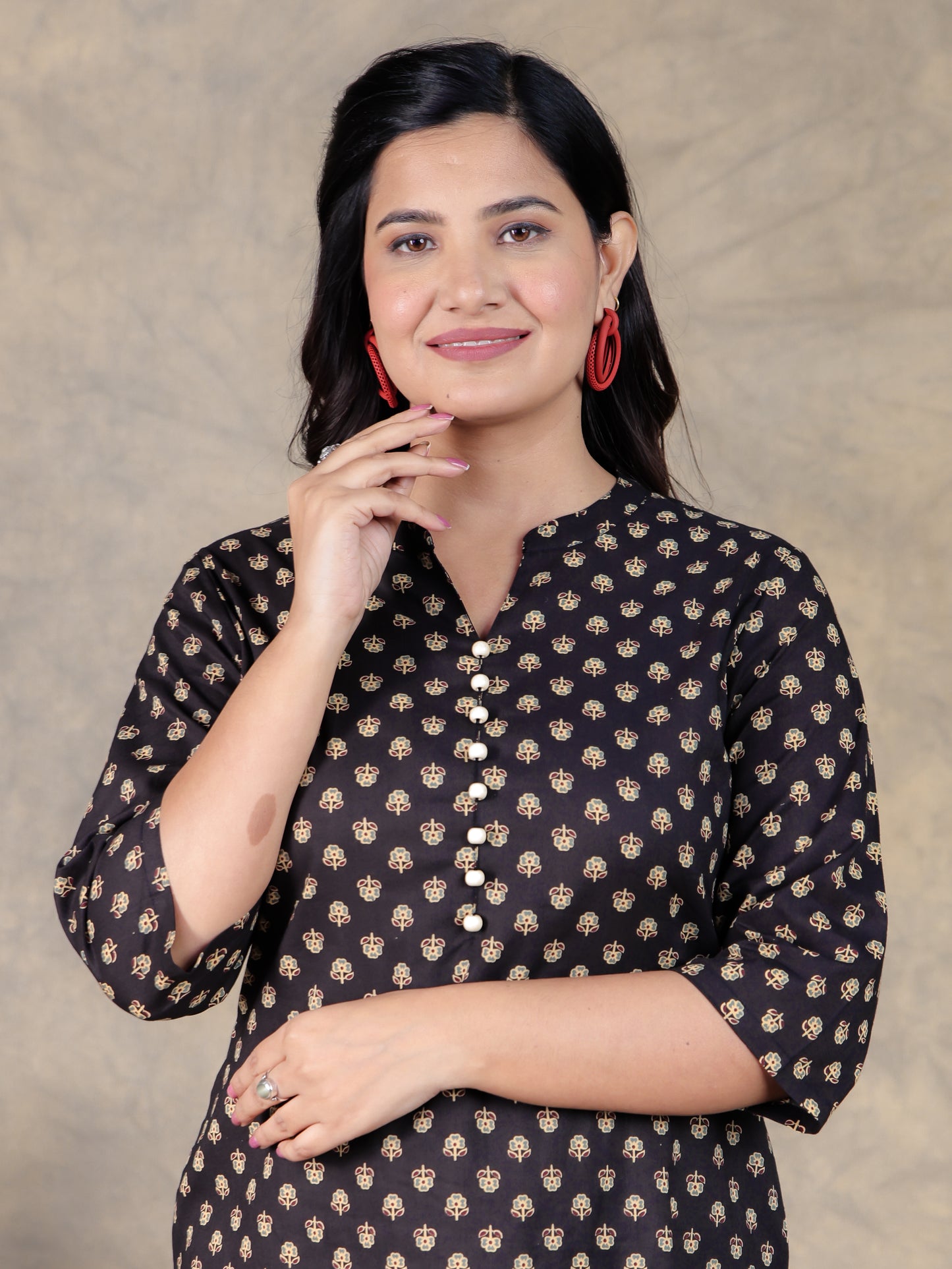 Soft Cotton Butti Straight Black Kurta