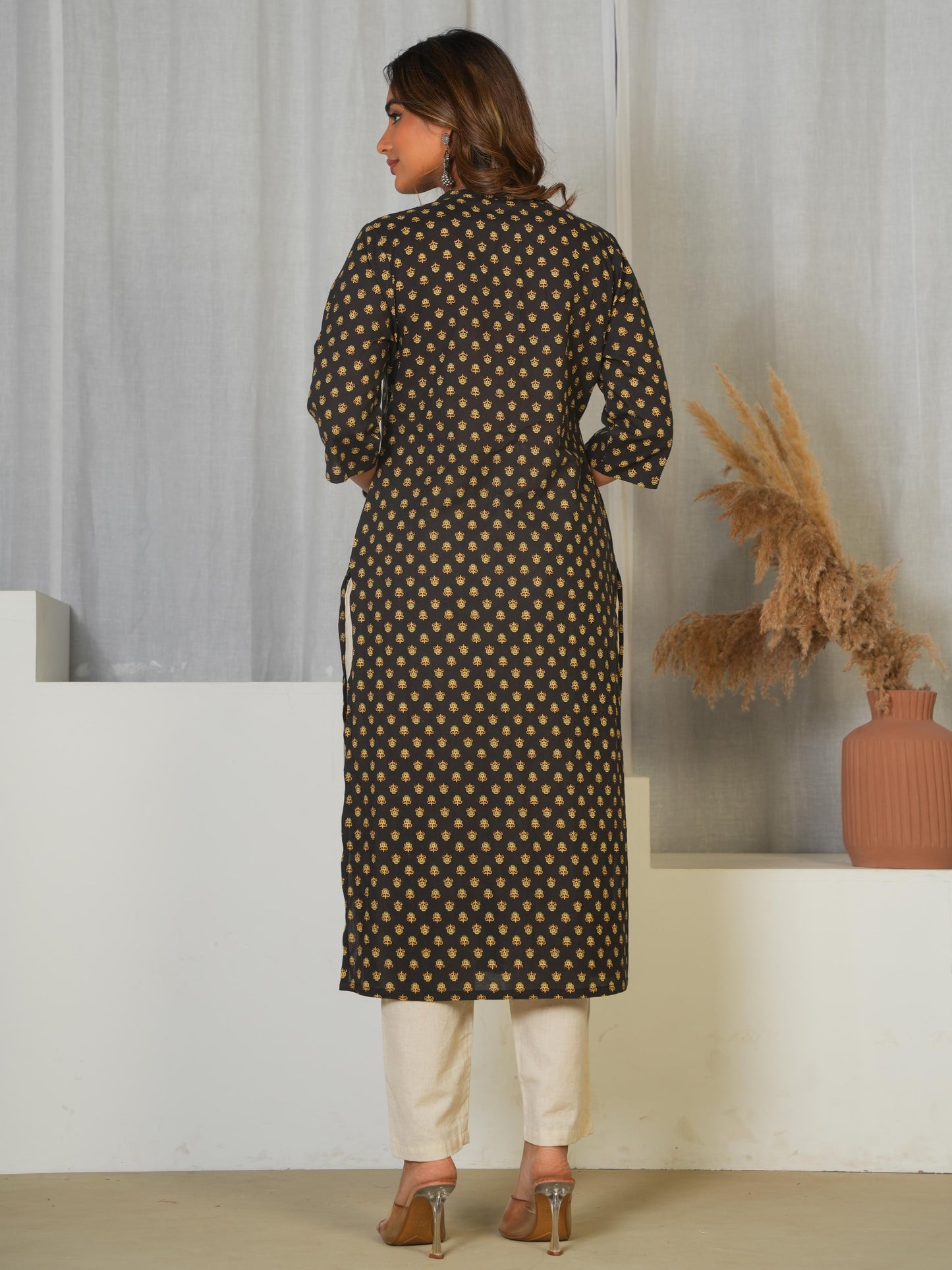 Soft Cotton Butti Straight Black Kurta