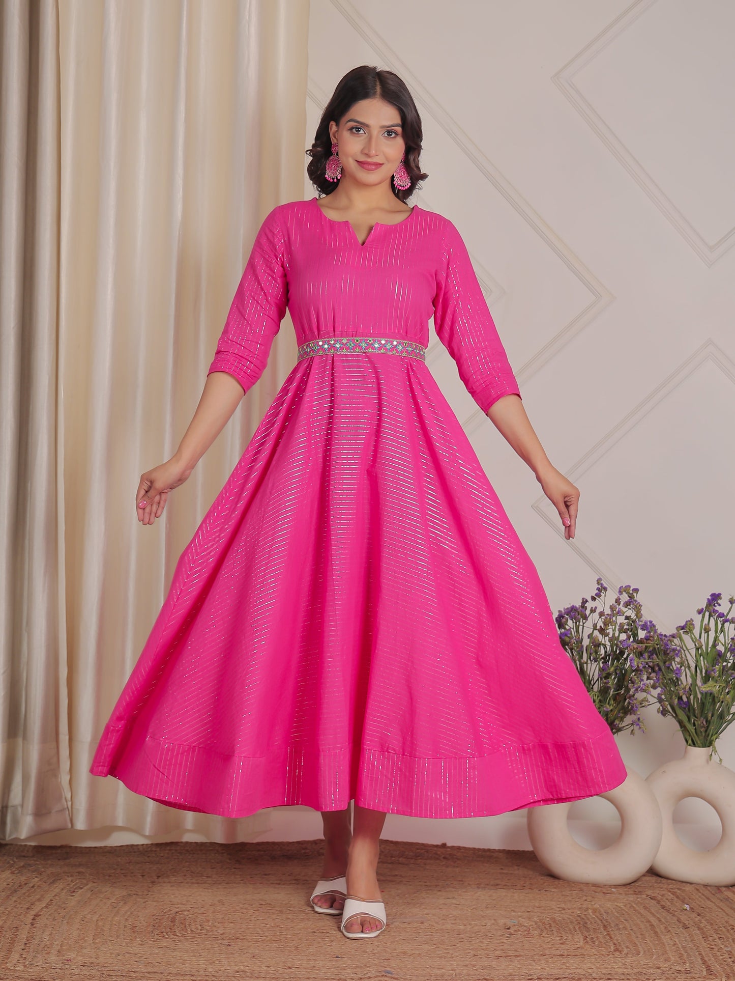 Embroidered Lurex Cotton Solid Flared Pink Dress