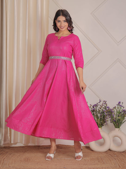 Embroidered Lurex Cotton Solid Flared Pink Dress