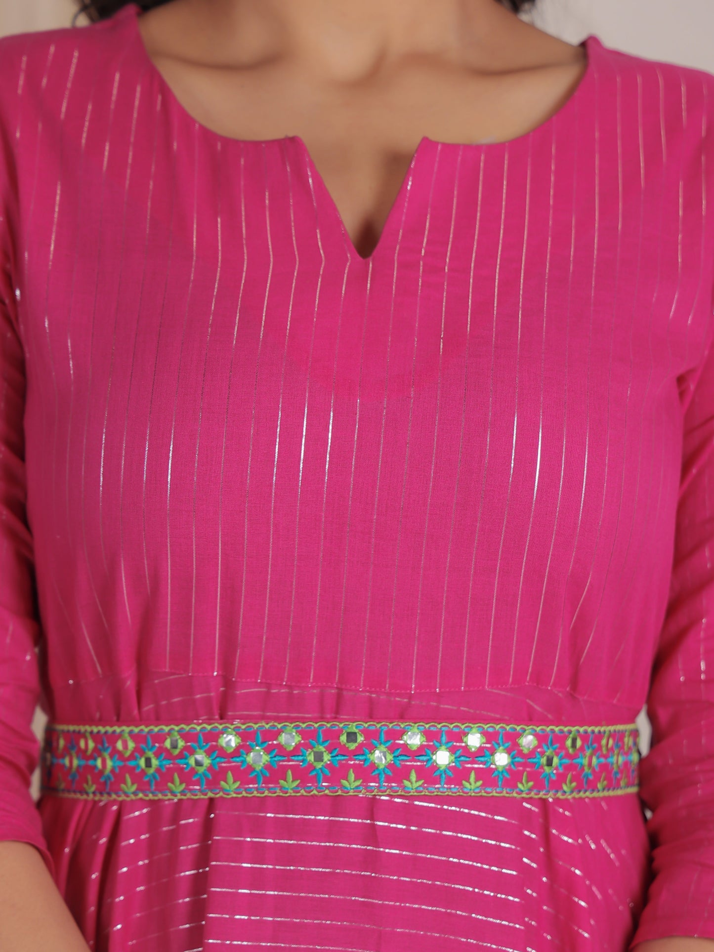 Embroidered Lurex Cotton Solid Flared Pink Dress