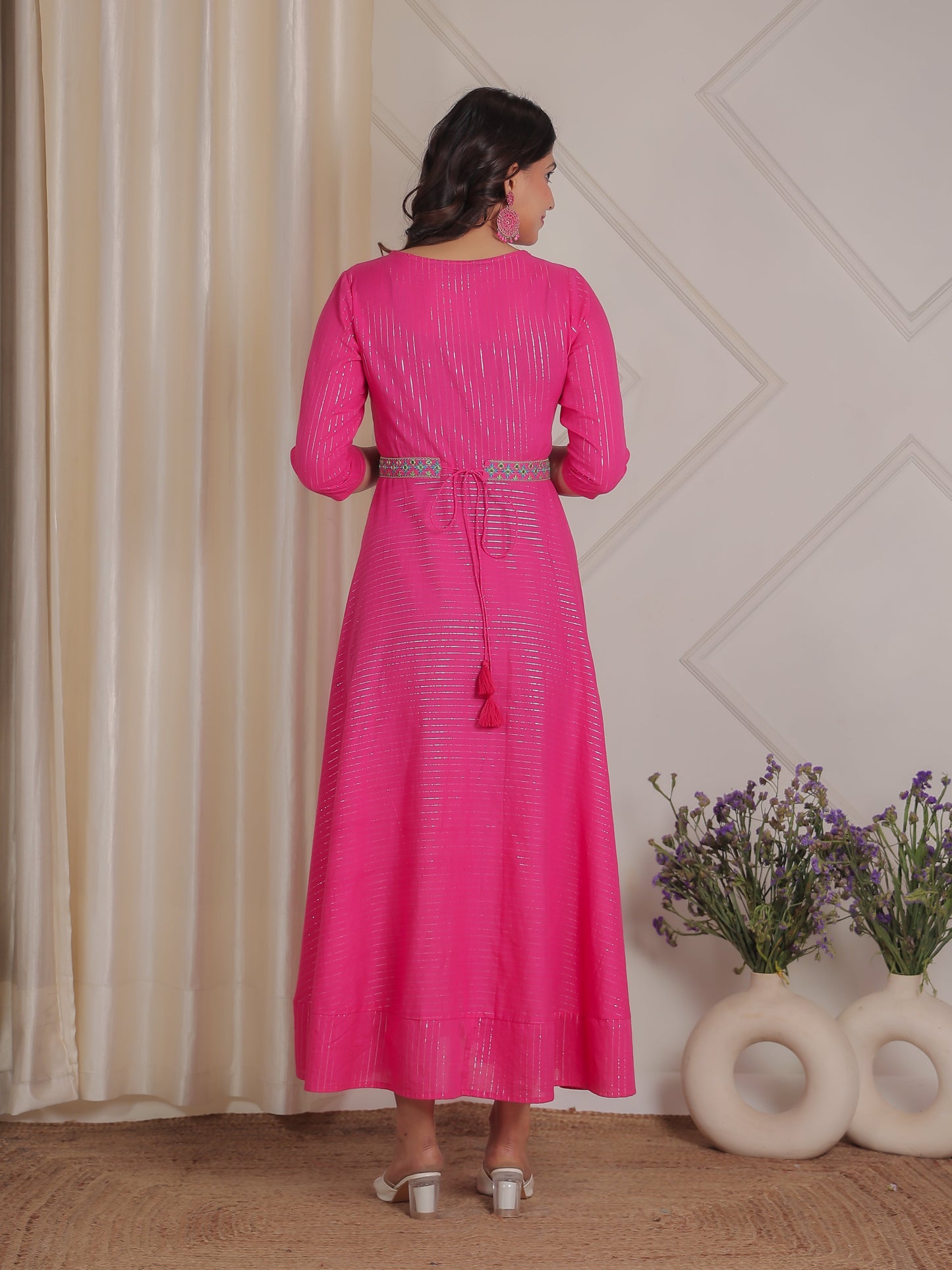 Embroidered Lurex Cotton Solid Flared Pink Dress