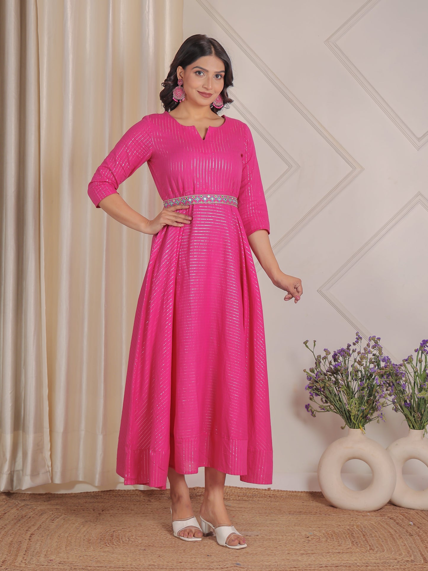 Embroidered Lurex Cotton Solid Flared Pink Dress