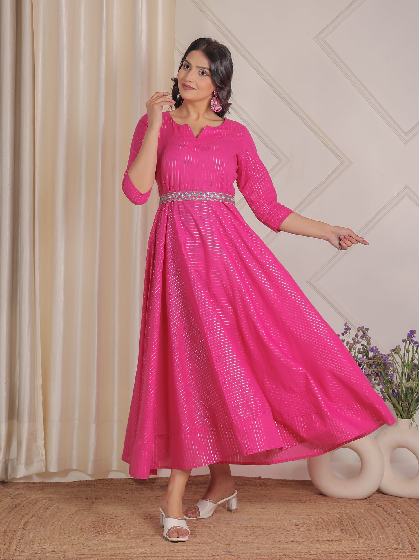 Embroidered Lurex Cotton Solid Flared Pink Dress