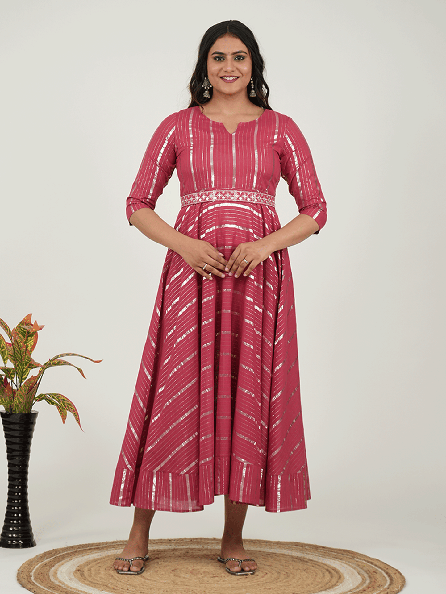 Lurex Cotton Solid Anarkali Maroon Dress