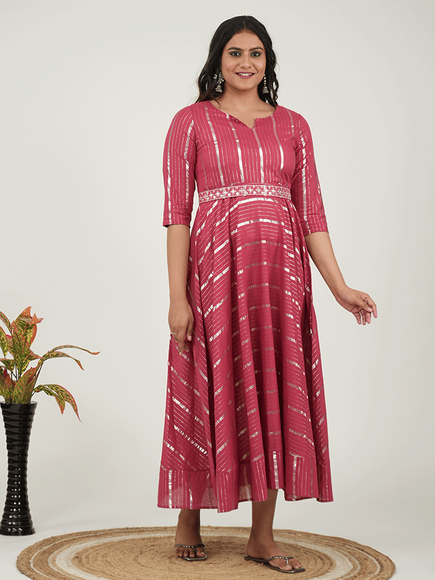 Lurex Cotton Solid Anarkali Maroon Dress