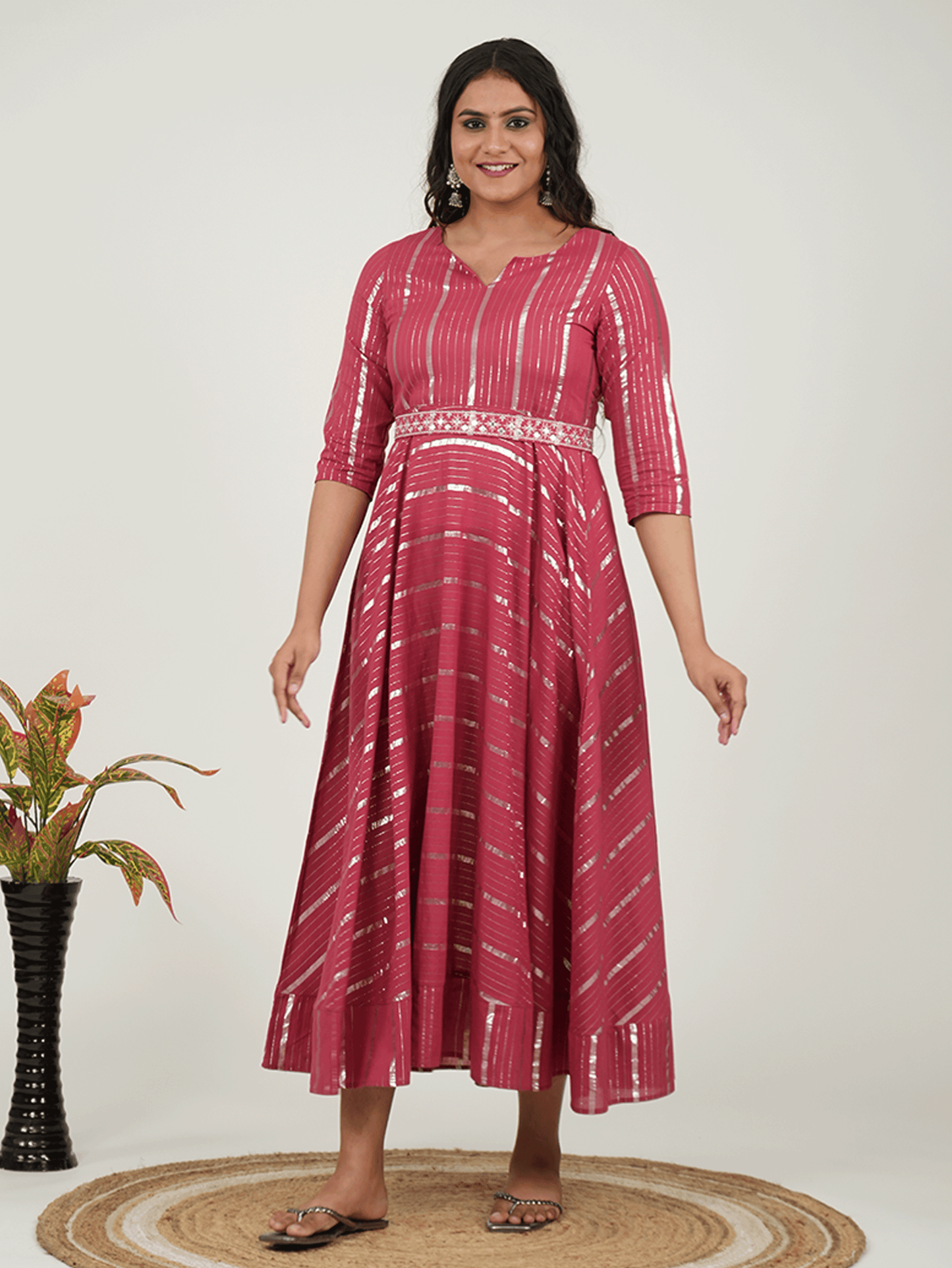 Lurex Cotton Solid Anarkali Maroon Dress