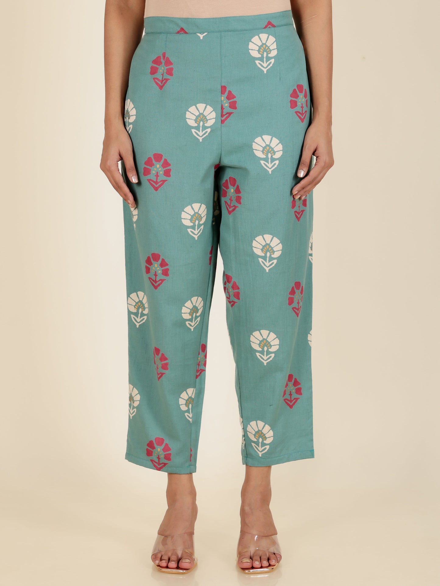 Linen Cotton Floral Green Tapered Trousers