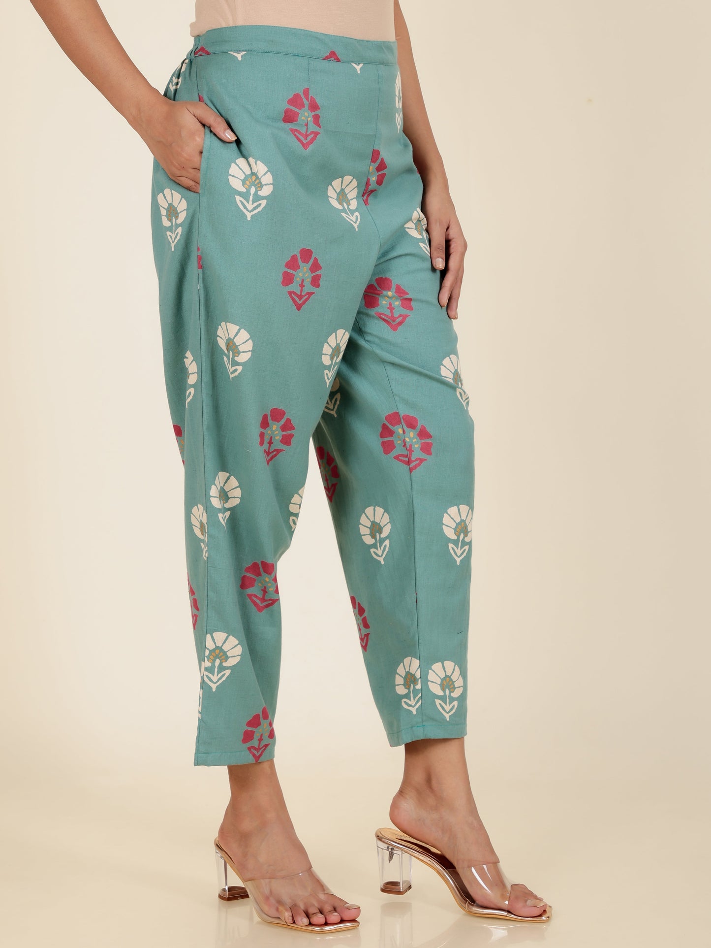 Linen Cotton Floral Green Tapered Trousers