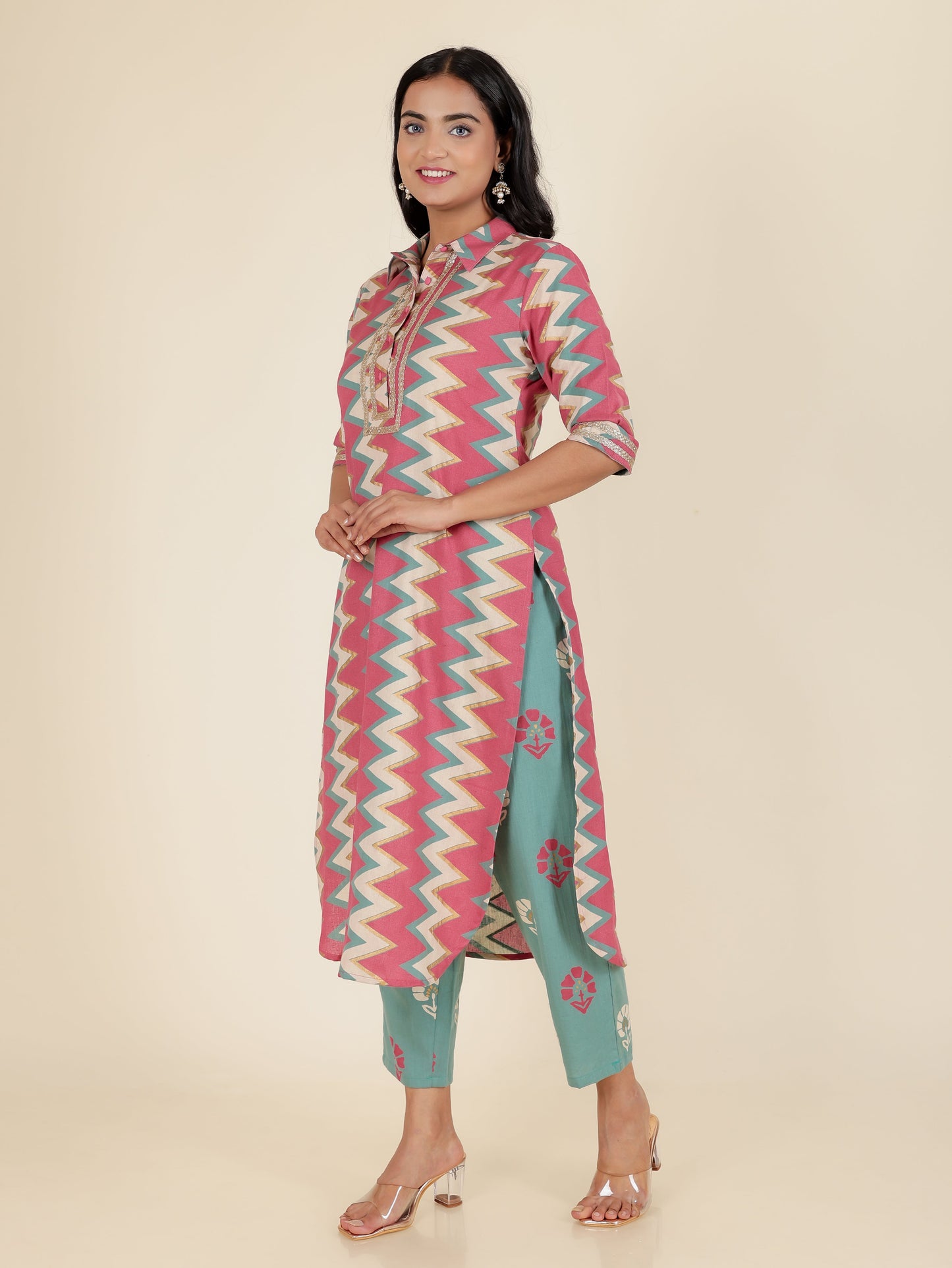 Linen Cotton Cheveron Pathani Pink Kurta
