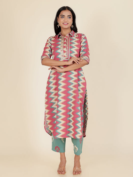 Linen Cotton Cheveron Pathani Pink Kurta