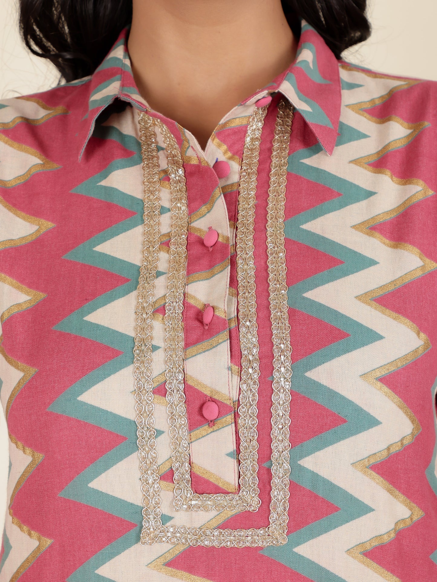 Linen Cotton Cheveron Pathani Pink Kurta