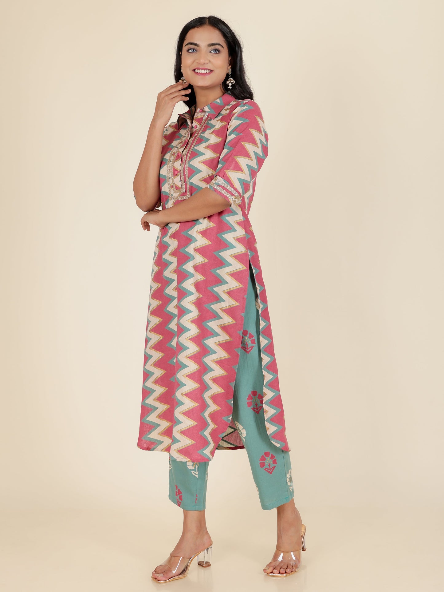 Linen Cotton Cheveron Pathani Pink Kurta