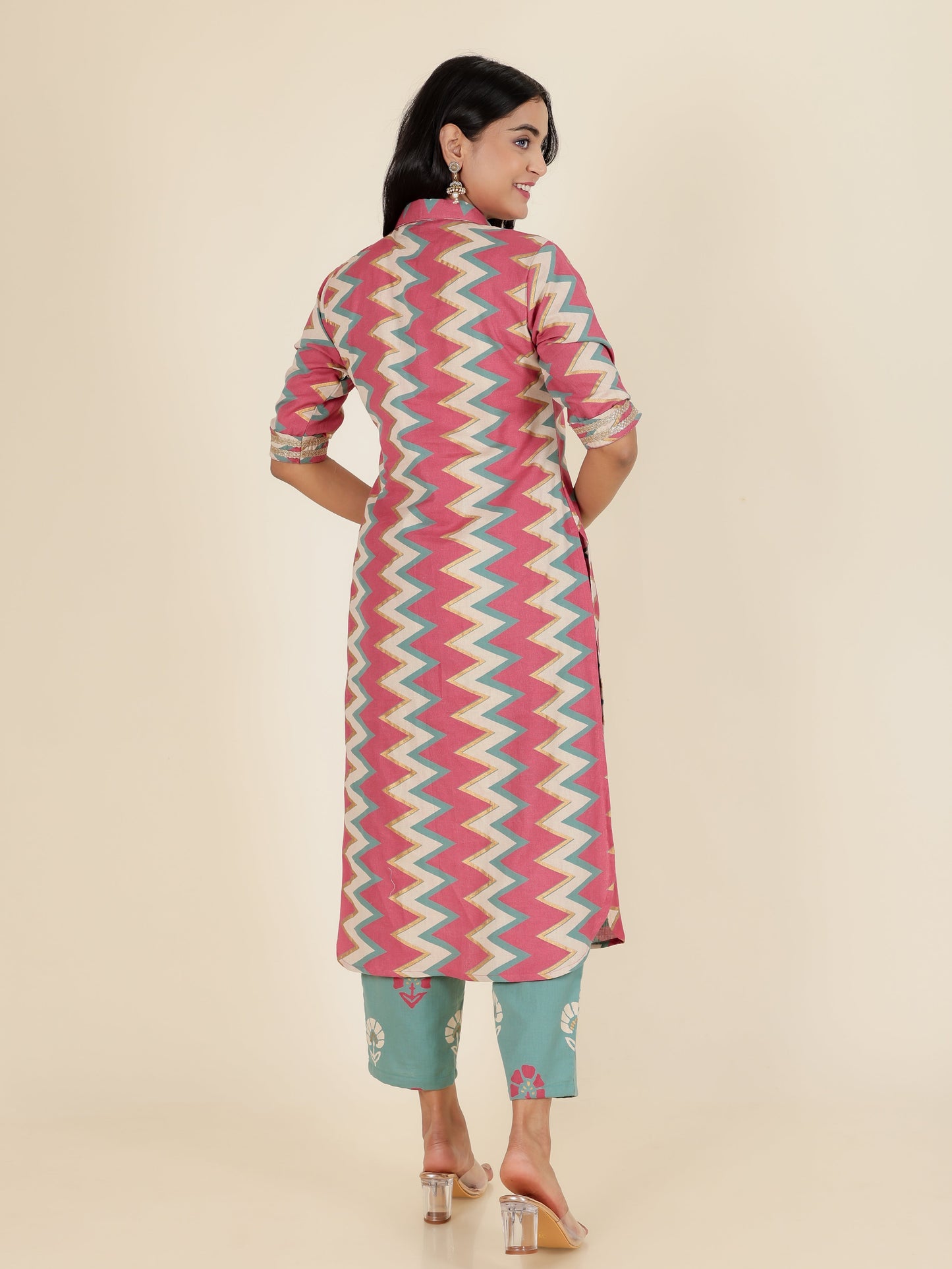 Linen Cotton Cheveron Pathani Pink Kurta