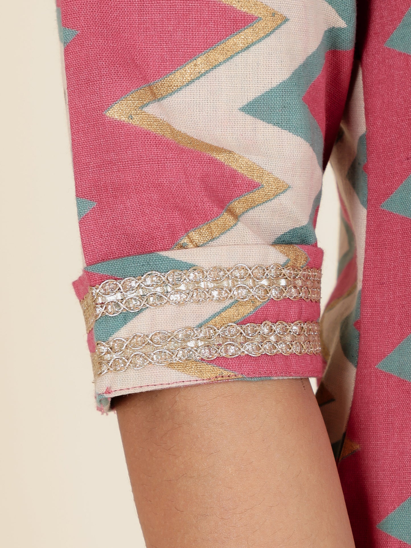 Linen Cotton Cheveron Pathani Pink Kurta