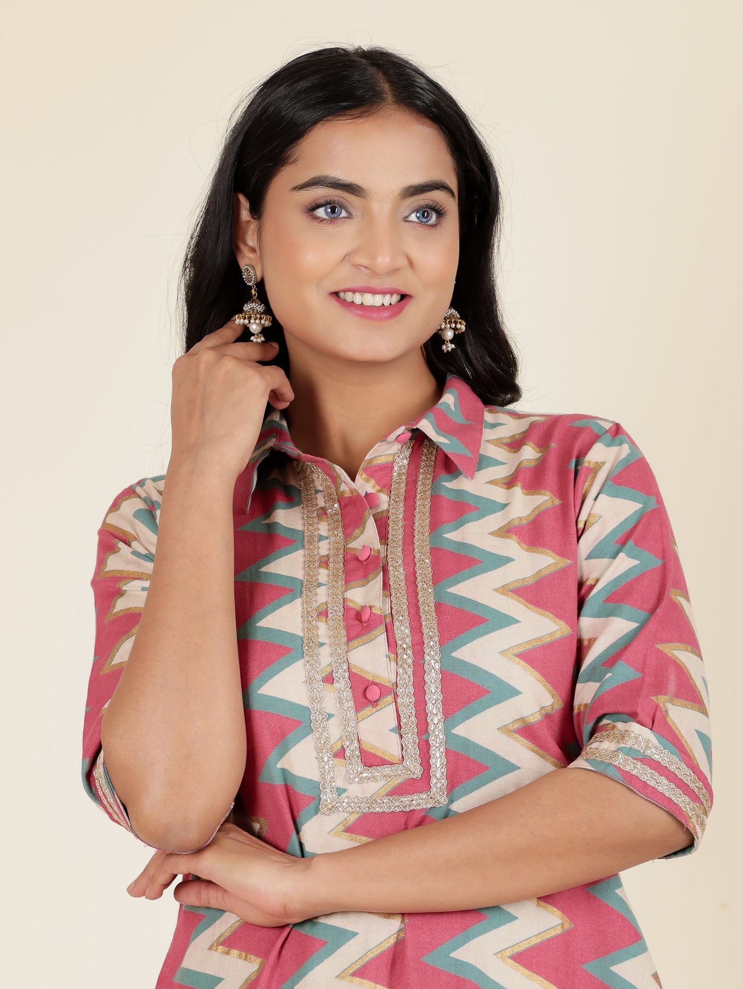 Linen Cotton Cheveron Pathani Pink Kurta