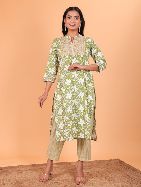 Soft Cotton Floral Straight Green Kurta