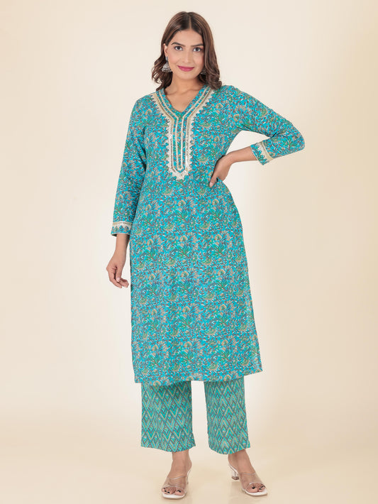 Soft Cotton Floral Straight Green Kurta