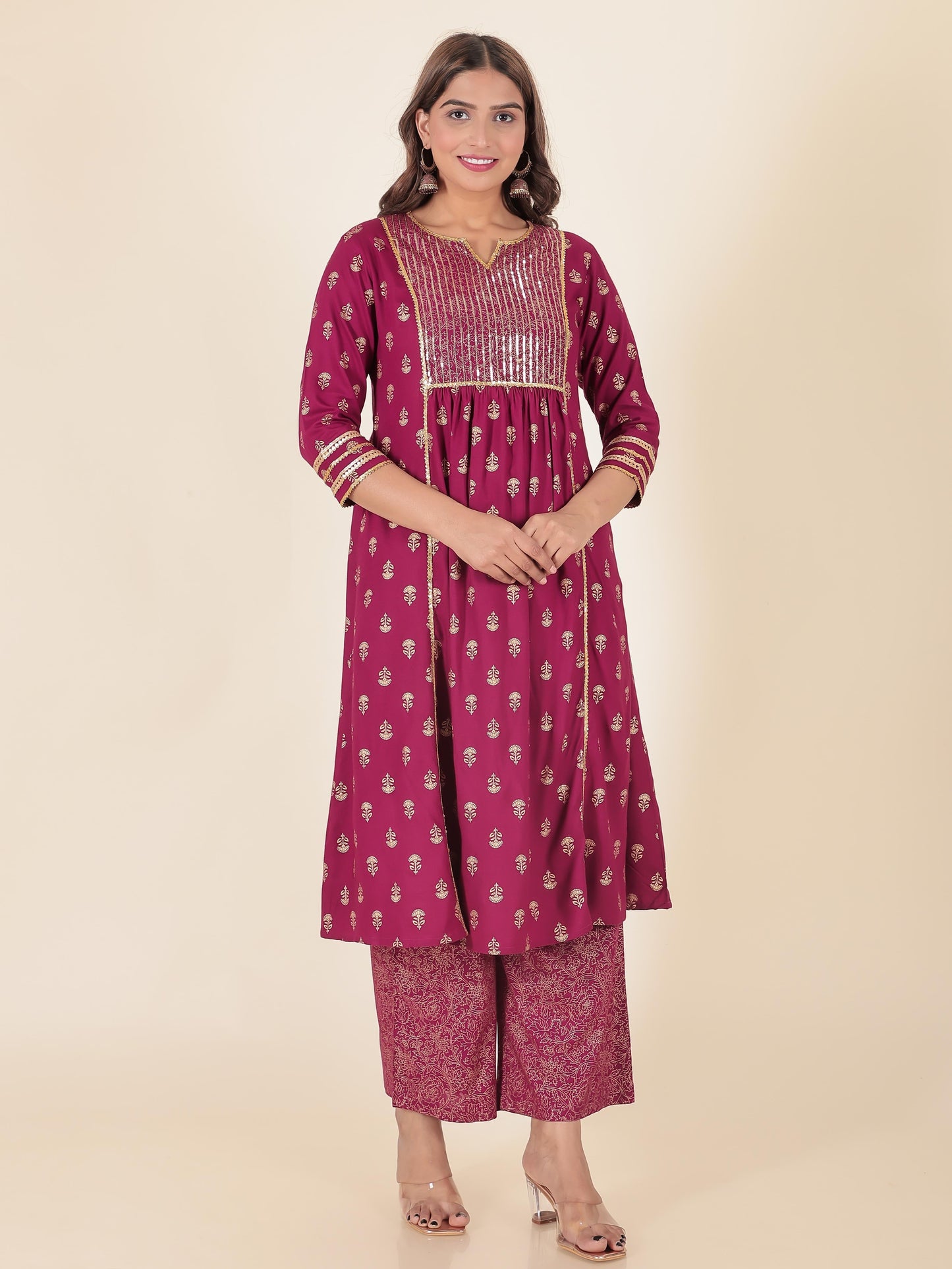 Viscose Gold foil Panelled Maroon Kurta