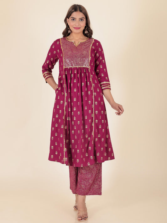 Viscose Gold foil Panelled Maroon Kurta