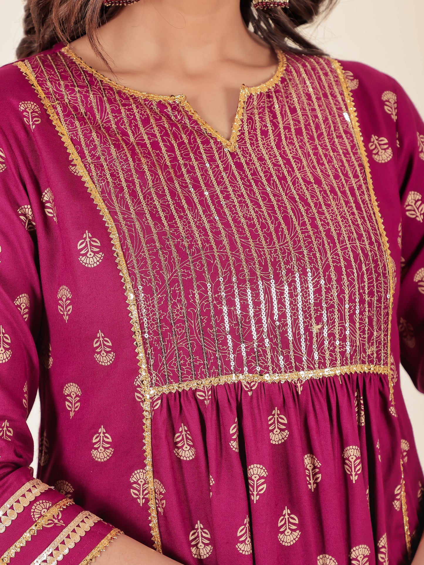 Viscose Gold foil Panelled Maroon Kurta