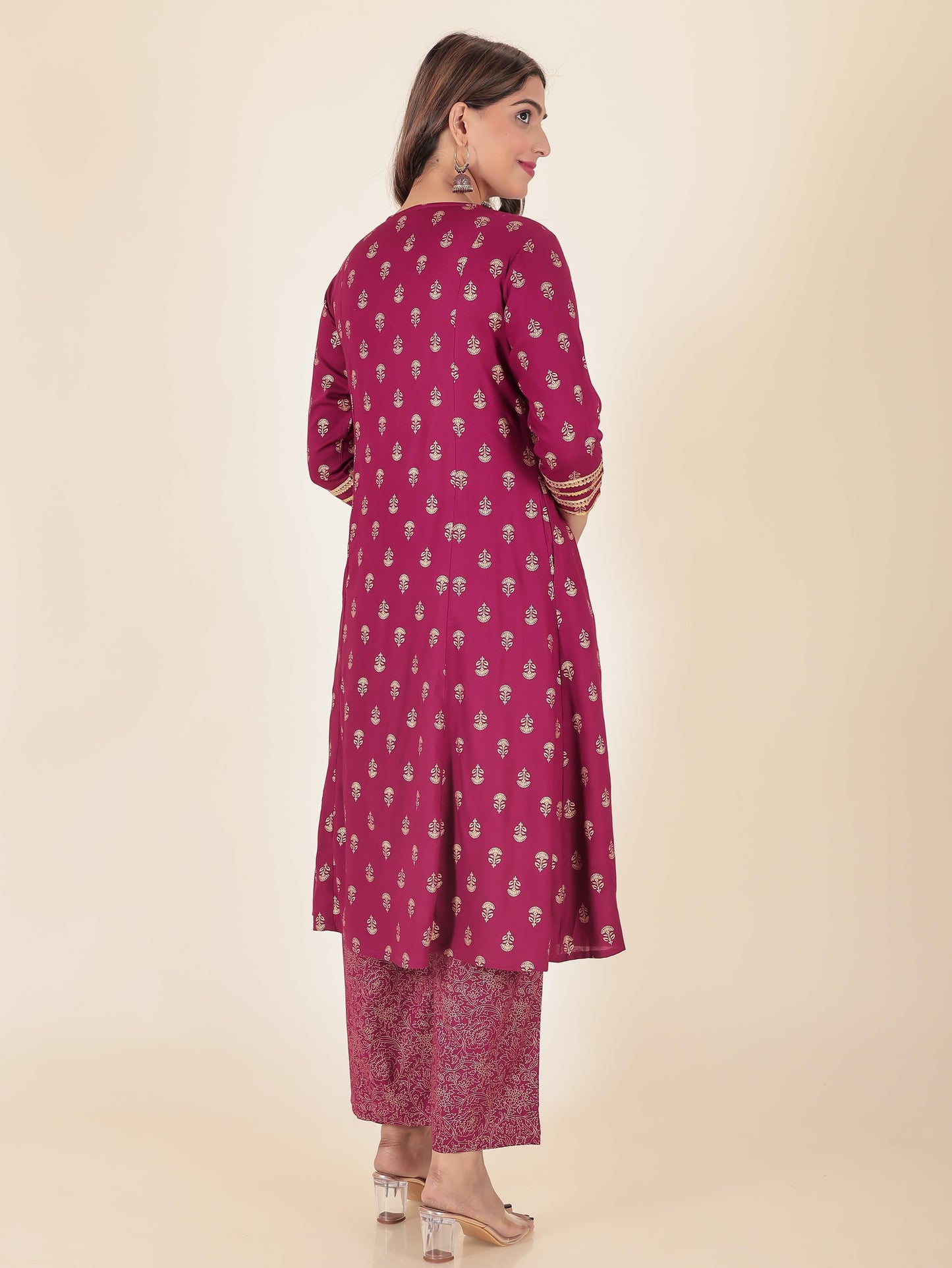 Viscose Gold foil Panelled Maroon Kurta