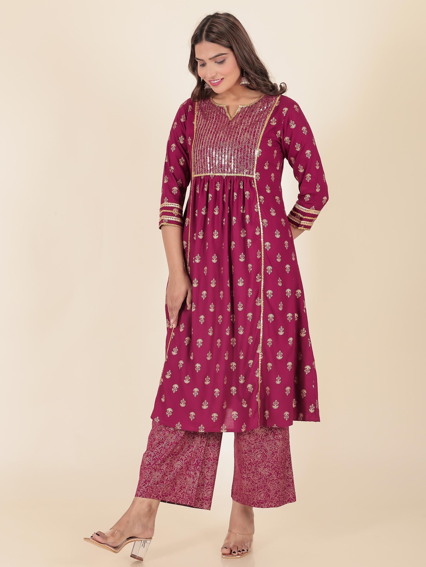 Viscose Gold foil Panelled Maroon Kurta