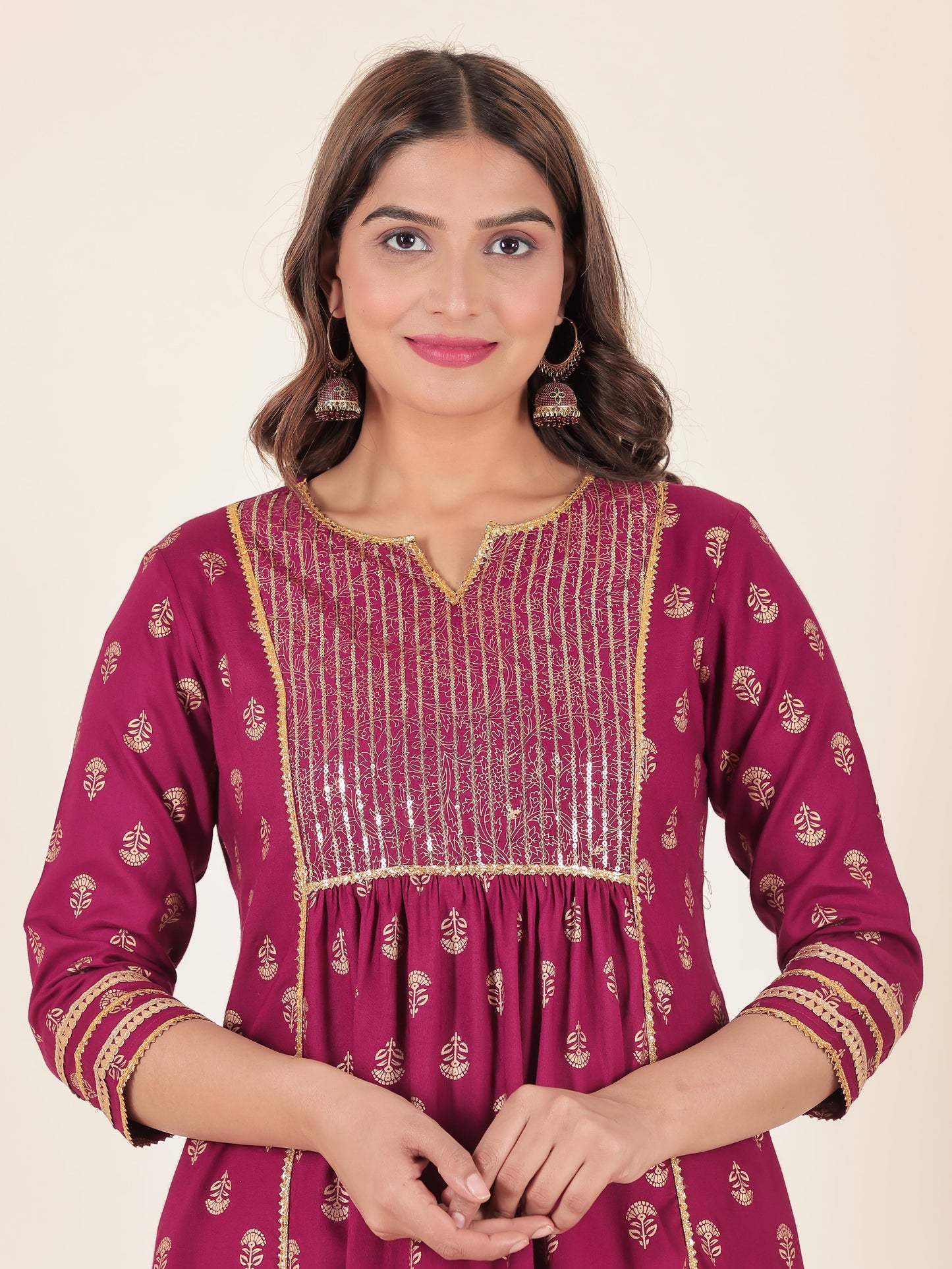 Viscose Gold foil Panelled Maroon Kurta