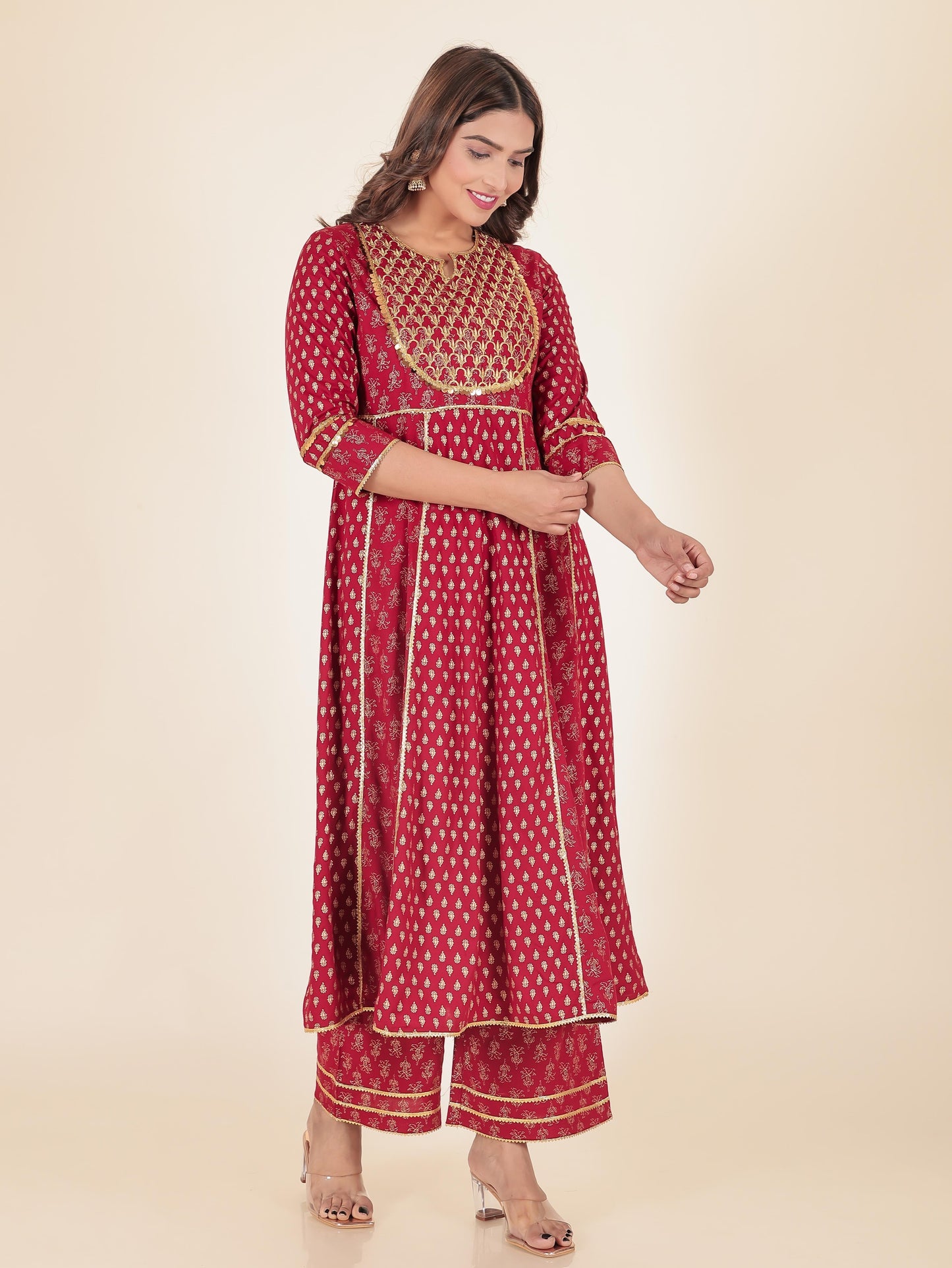 Viscose Gold foil Anarkali Red Kurta
