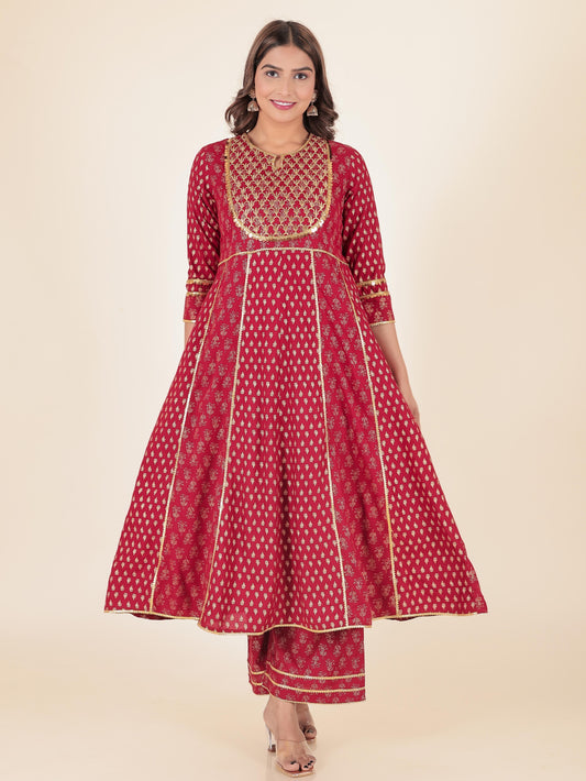 Viscose Gold foil Anarkali Red Kurta