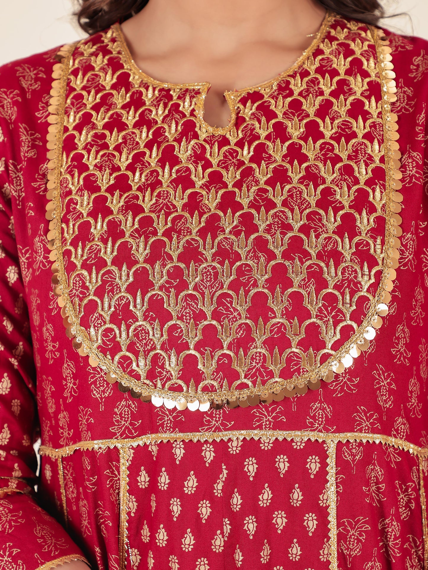 Viscose Gold foil Anarkali Red Kurta