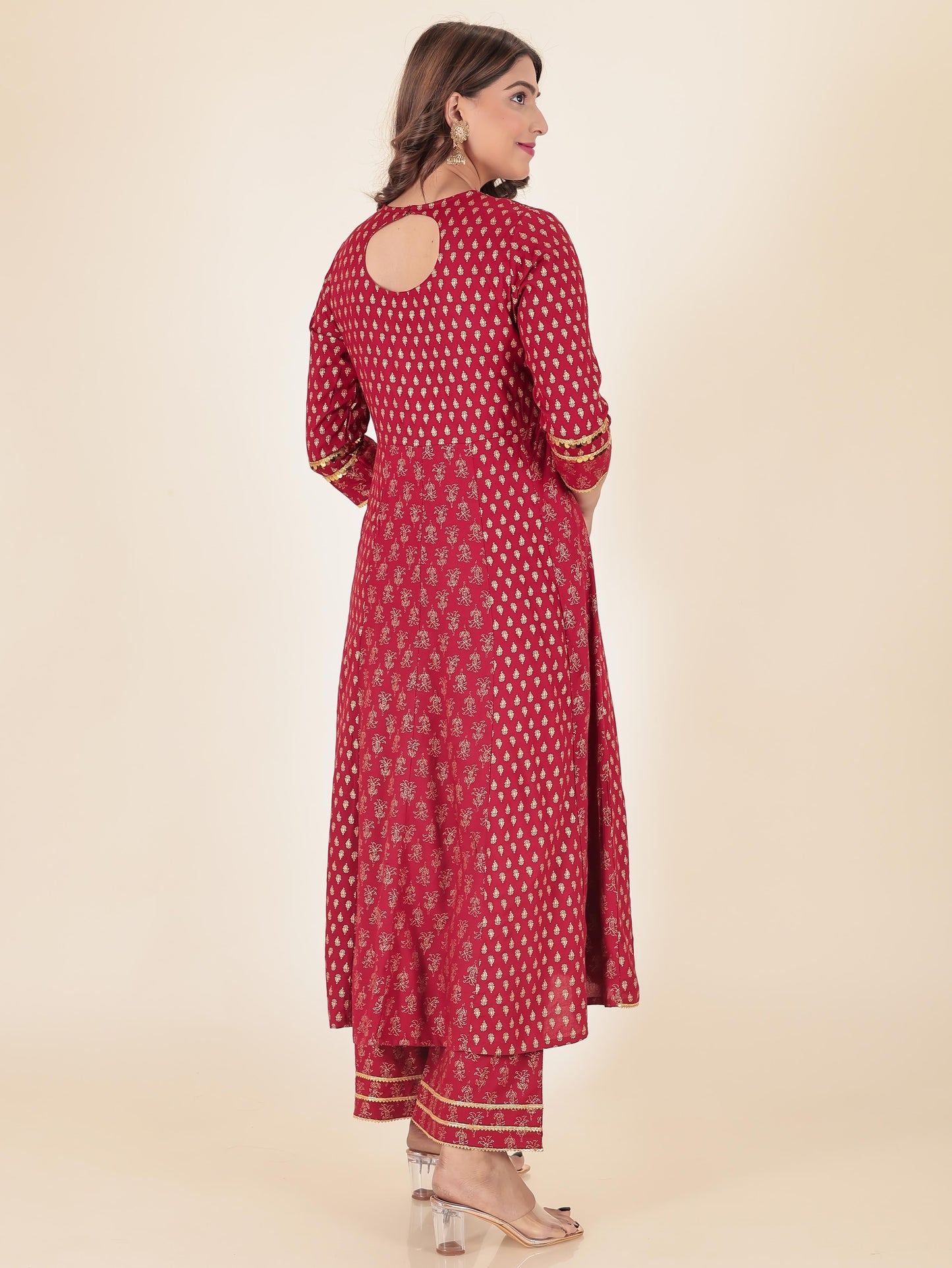 Viscose Gold foil Anarkali Red Kurta
