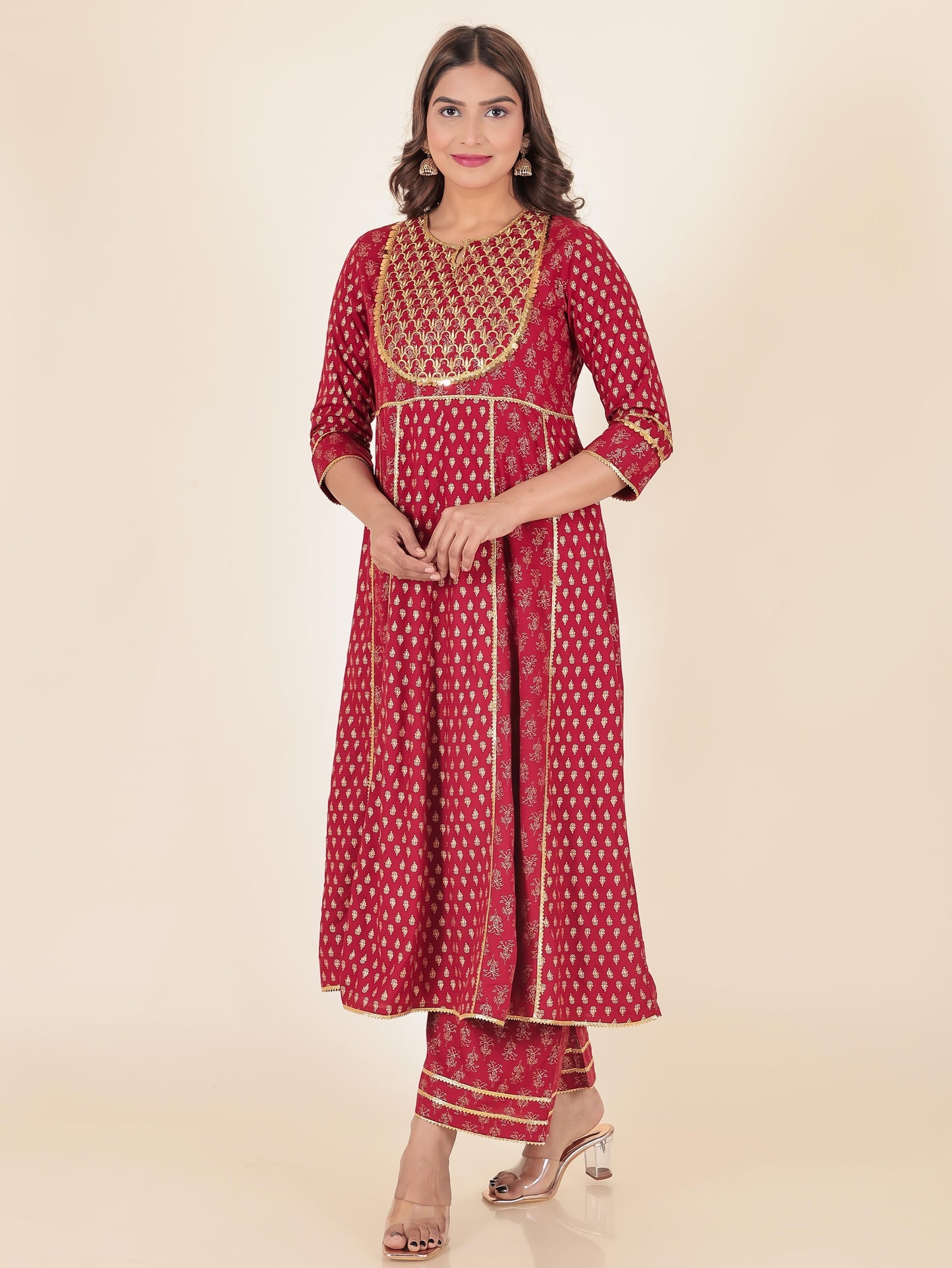 Viscose Gold foil Anarkali Red Kurta