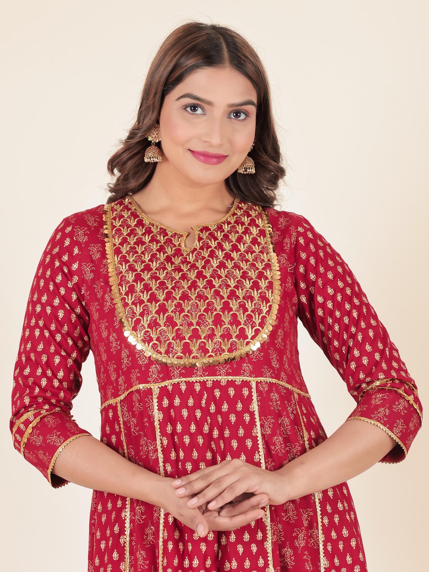 Viscose Gold foil Anarkali Red Kurta