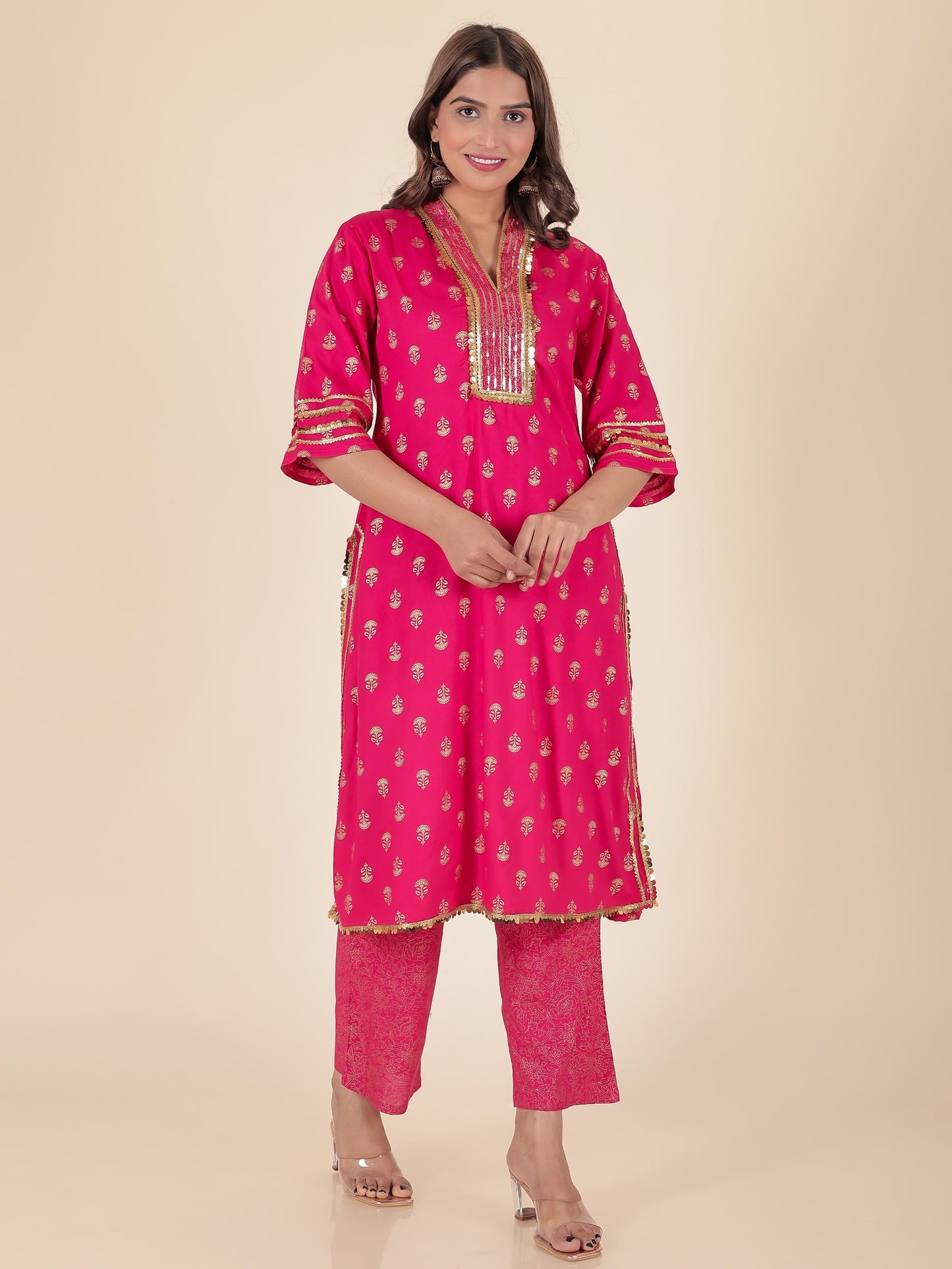 Viscose Gold foil Straight Pink Kurta